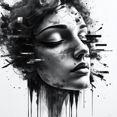 The primary subject of the image is a woman's face, which is the main focus of the image. The setting is a black and white background, giving the image a classic and timeless feel. The visual style is a combination of digital art and illustration, creating a unique and artistic representation of the woman's face. The colors and mood of the image are predominantly black and white, with some grays and shades of gray, giving the image a moody and dramatic atmosphere.